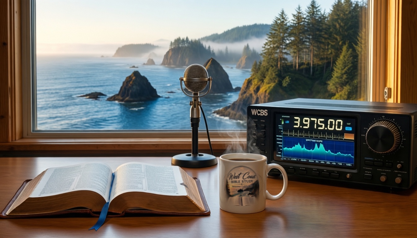 An open Bible on a wooden desk by a window: a steaming coffee mug with the West Coast Bible Study oval logo, an Icom IC-7300 tuned to 3.975 MHz with a teal spectrum display, and a vintage stand microphone, looking out over a misty Pacific coast with sea stacks and firs in golden hour light