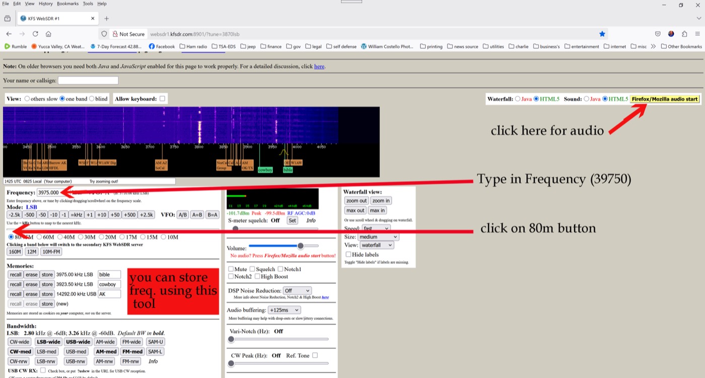 Directions for the Half Moon Bay web SDR: type in the frequency, click on the 80m button, and click here for audio